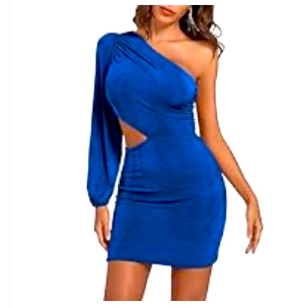 Royal Blue One Shoulder Long Sleeve Cutout Dress